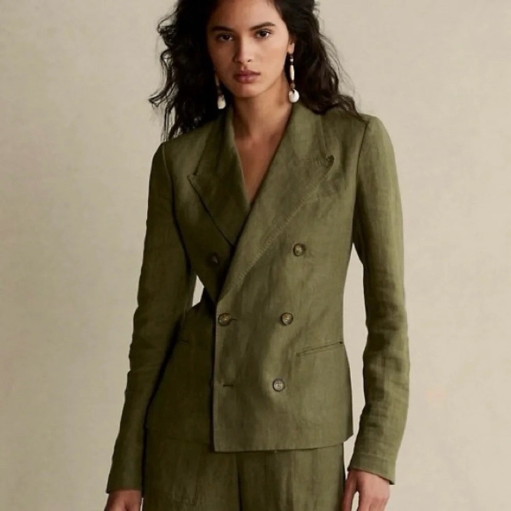 Ralph Lauren Olive Green Double-Breasted Linen-Blend Blazer